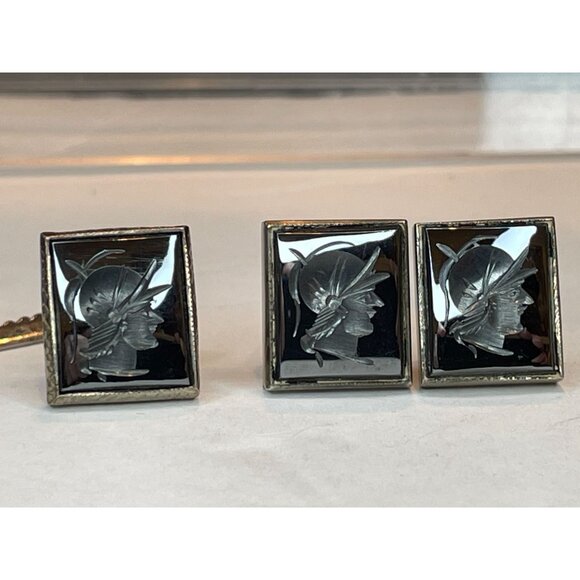 Sterling Silver & Hematite Cameo Soldier Cufflinks & Tie Clip Set - Picture 3 of 11